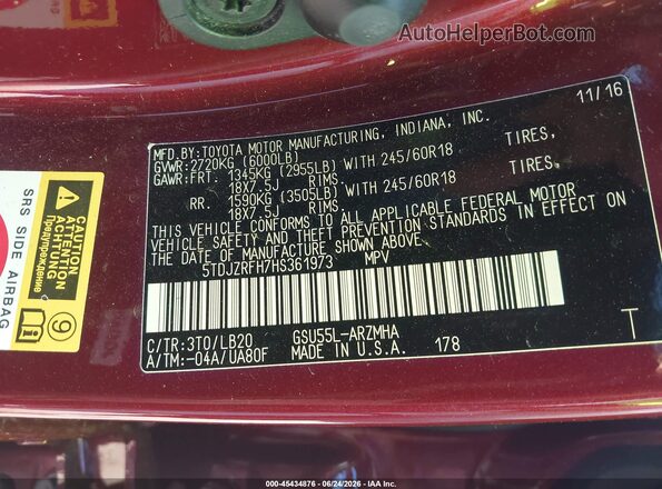 5TDJZRFH7HS361973 2017 TOYOTA HIGHLANDER Burgundy Vista del compartimento del motor
