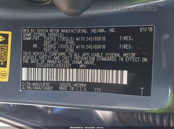 5TDJZRFH7JS824927 2018 TOYOTA HIGHLANDER Blue Widok komory silnika