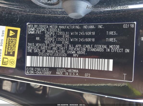 5TDJZRFH7JS835569 2018 TOYOTA HIGHLANDER Black Widok komory silnika