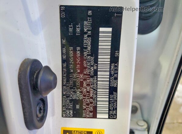 5TDJZRFH7JS849844 2018 TOYOTA HIGHLANDER White 