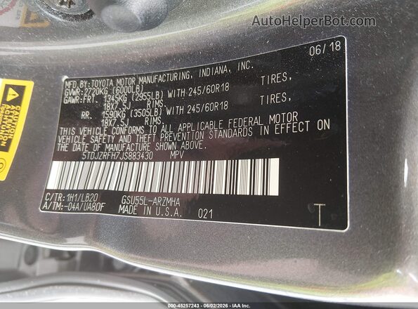 5TDJZRFH7JS883430 2018 TOYOTA HIGHLANDER  Շարժիչի բաժամունքի տեսք