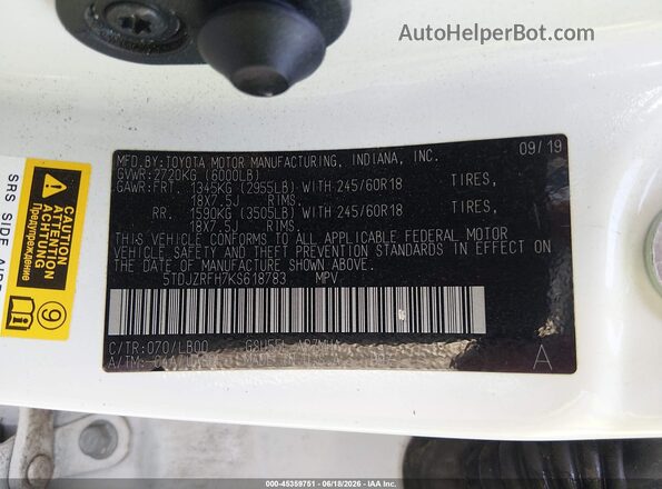 5TDJZRFH7KS618783 2019 TOYOTA HIGHLANDER White Շարժիչի բաժամունքի տեսք