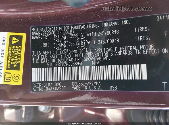 5TDJZRFH7KS986946 2019 TOYOTA HIGHLANDER Burgundy Շարժիչի բաժամունքի տեսք