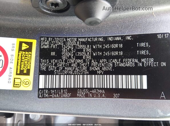 5TDJZRFH8JS523194 2018 TOYOTA HIGHLANDER Gray ძრავის განყოფილების ხედი