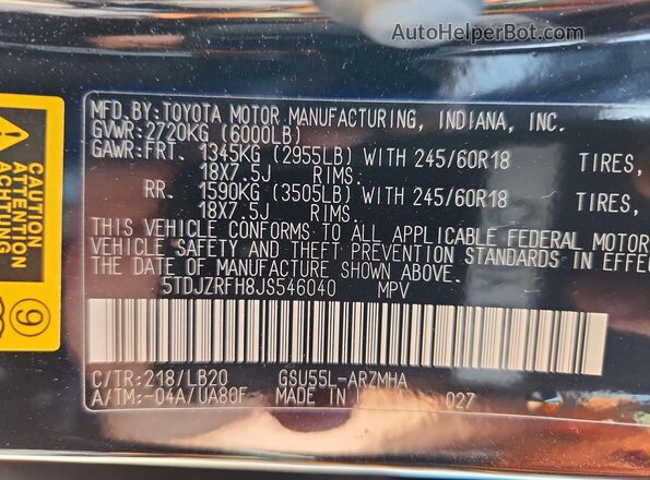 5TDJZRFH8JS546040 2018 TOYOTA HIGHLANDER Black Vista del compartimento del motor