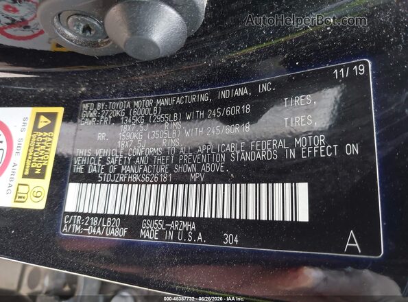 5TDJZRFH8KS626181 2019 TOYOTA HIGHLANDER Черный Вид подкапотного пространства