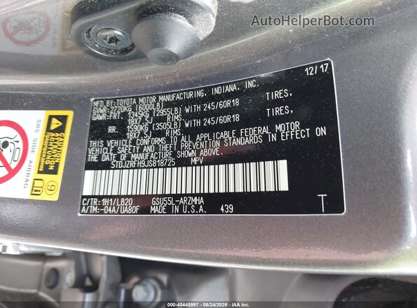 5TDJZRFH9JS818725 2018 TOYOTA HIGHLANDER Gray Engine compartment view