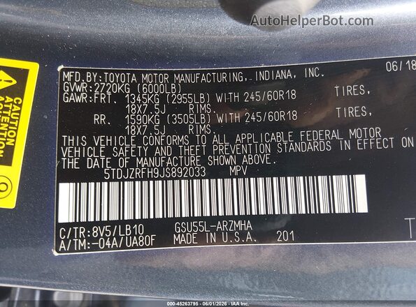 5TDJZRFH9JS892033 2018 TOYOTA HIGHLANDER Turquoise 