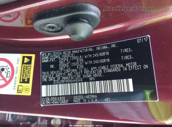 5TDJZRFHXHS449349 2017 TOYOTA HIGHLANDER Red Vista del compartimento del motor