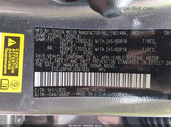 5TDJZRFHXJS561932 2018 TOYOTA HIGHLANDER Серый Вид подкапотного пространства