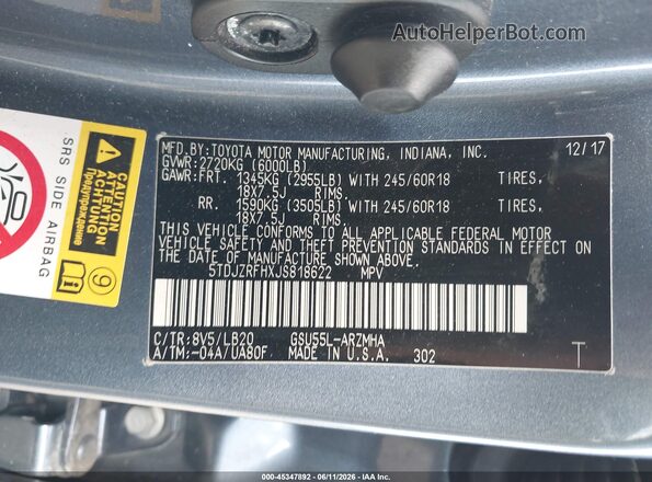 5TDJZRFHXJS818622 2018 TOYOTA HIGHLANDER Blue Engine compartment view