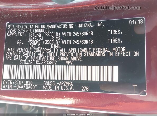 5TDJZRFHXJS833802 2018 TOYOTA HIGHLANDER Champagne Вид подкапотного пространства