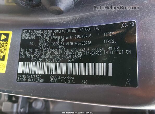 5TDJZRFHXKS611357 2019 TOYOTA HIGHLANDER Gray Engine compartment view