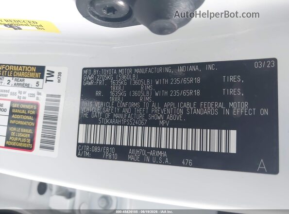 5TDKARAH1PS524067 2023 TOYOTA HIGHLANDER White ძრავის განყოფილების ხედი