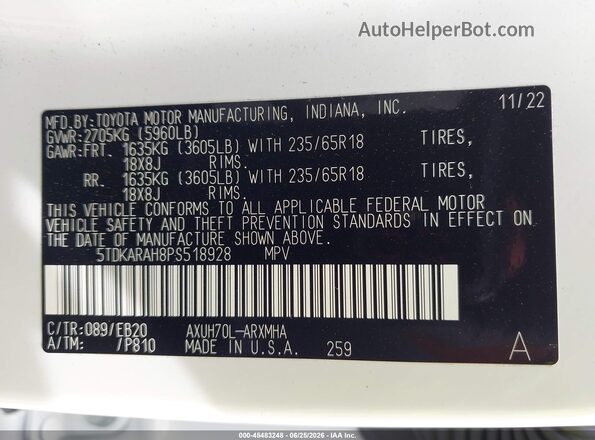 5TDKARAH8PS518928 2023 TOYOTA HIGHLANDER White Вид підкапотного простору