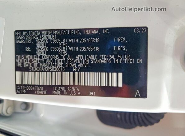 5TDKDRAH0PS030645 2023 TOYOTA HIGHLANDER White VIN կոդի պիտակի տեսք