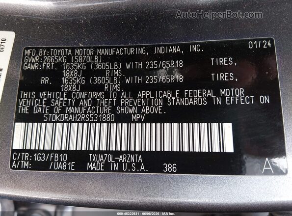 5TDKDRAH2RS531880 2024 TOYOTA HIGHLANDER Gray Vista del compartimento del motor