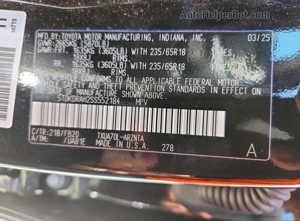 5TDKDRAH2SS552184 2025 TOYOTA HIGHLANDER Black Widok naklejki z numerem VIN