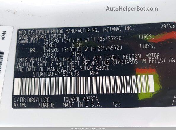 5TDKDRAH4PS521638 2023 TOYOTA HIGHLANDER White Vista del compartimento del motor