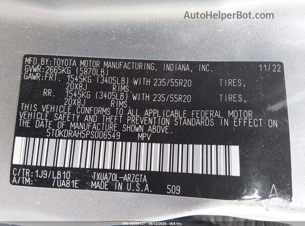 5TDKDRAH5PS006549 2023 TOYOTA HIGHLANDER Silver Vista del compartimento del motor