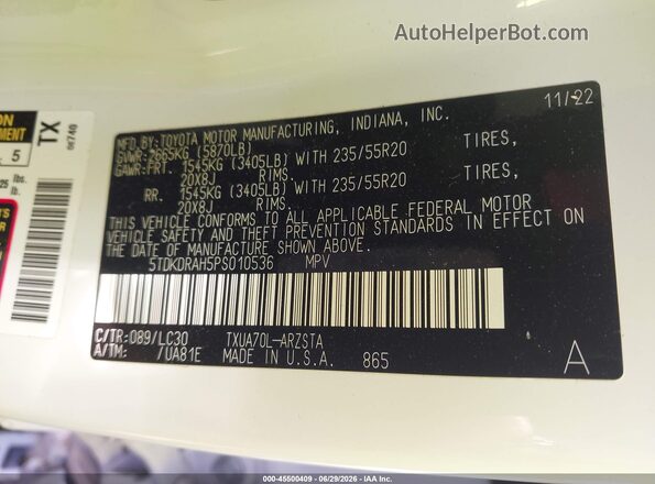 5TDKDRAH5PS010536 2023 TOYOTA HIGHLANDER White Вид підкапотного простору