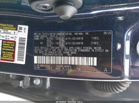 5TDKDRAH5PS041608 2023 TOYOTA HIGHLANDER Blue Vista del compartimento del motor