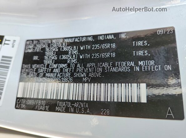 5TDKDRAH6PS519826 2023 TOYOTA HIGHLANDER White Widok naklejki z numerem VIN