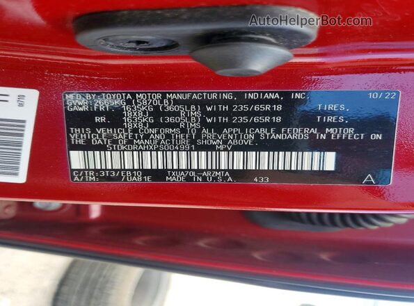 5TDKDRAHXPS004991 2023 TOYOTA HIGHLANDER Red VIN კოდის სტიკერის ხედი