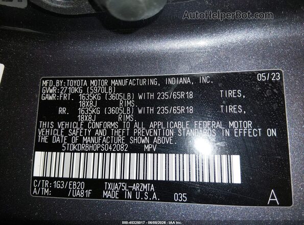 5TDKDRBH0PS042082 2023 TOYOTA HIGHLANDER Gray Engine compartment view