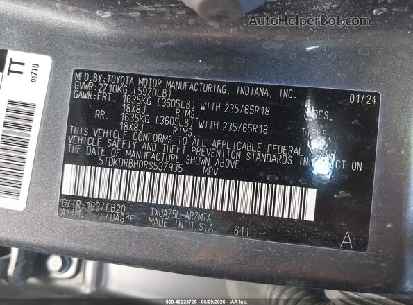 5TDKDRBH0RS537935 2024 TOYOTA HIGHLANDER Серый Вид подкапотного пространства