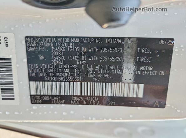 5TDKDRBH2SS586611 2025 TOYOTA HIGHLANDER White Вид наклейки з VIN-кодом