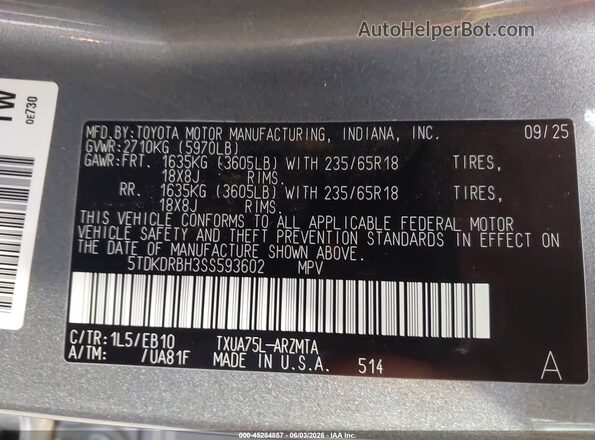5TDKDRBH3SS593602 2025 TOYOTA HIGHLANDER Gray Շարժիչի բաժամունքի տեսք