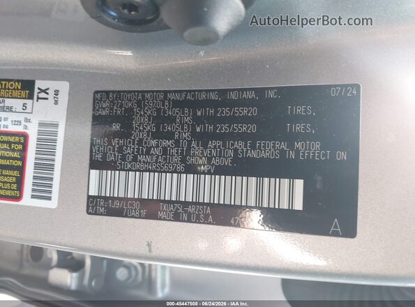 5TDKDRBH4RS569786 2024 TOYOTA HIGHLANDER Silver Вид підкапотного простору