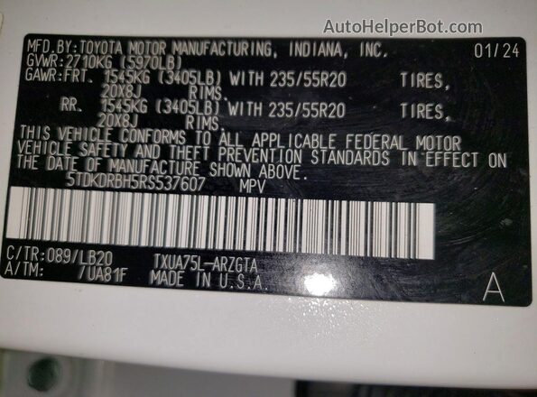5TDKDRBH5RS537607 2024 TOYOTA HIGHLANDER Белый Вид наклейки с VIN-кодом