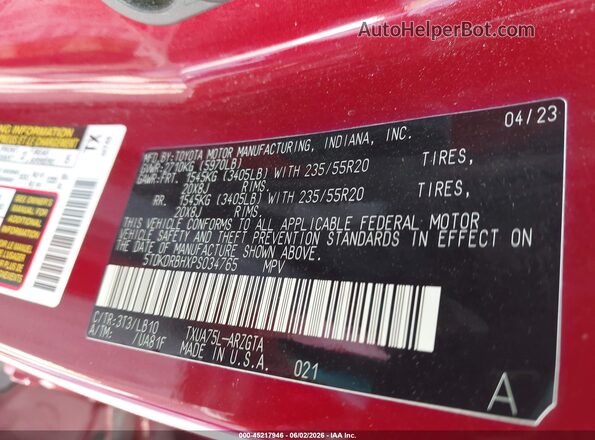 5TDKDRBHXPS034765 2023 TOYOTA HIGHLANDER Red Շարժիչի բաժամունքի տեսք