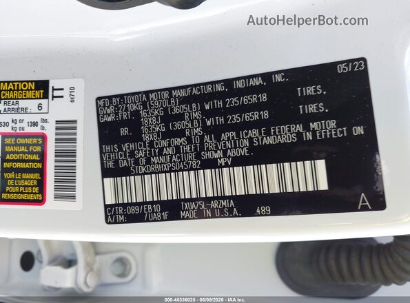 5TDKDRBHXPS045782 2023 TOYOTA HIGHLANDER White Vista del compartimento del motor