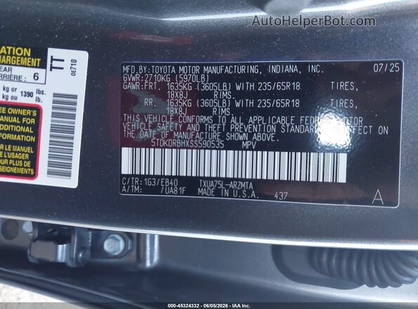 5TDKDRBHXSS590535 2025 TOYOTA HIGHLANDER Gray 