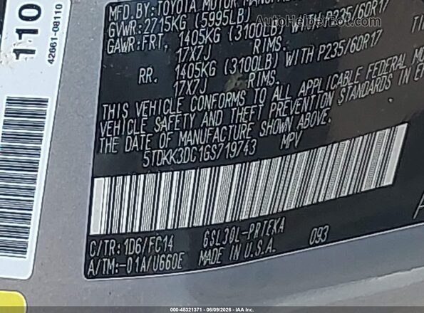 5TDKK3DC1GS719743 2016 TOYOTA SIENNA Black Widok komory silnika
