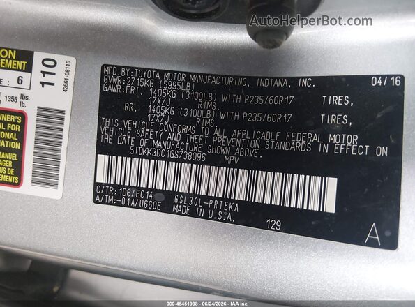 5TDKK3DC1GS738096 2016 TOYOTA SIENNA Silver ძრავის განყოფილების ხედი
