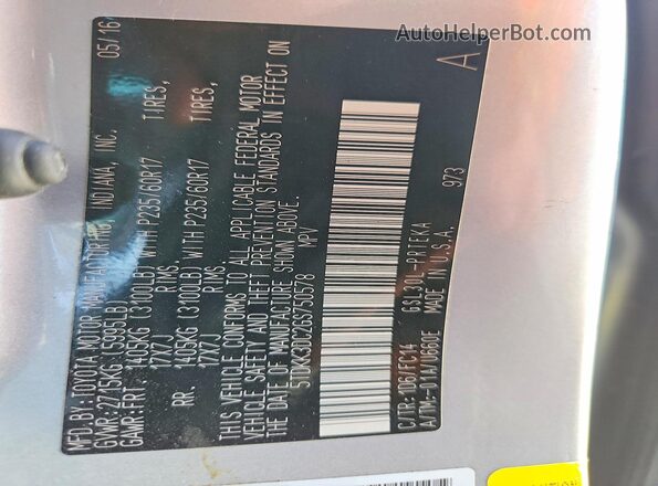 5TDKK3DC2GS750578 2016 TOYOTA SIENNA Silver VIN sticker view