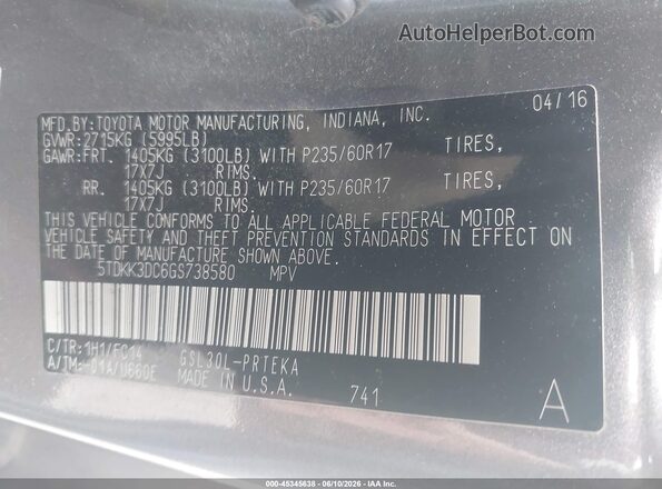 5TDKK3DC6GS738580 2016 TOYOTA SIENNA Gray Շարժիչի բաժամունքի տեսք