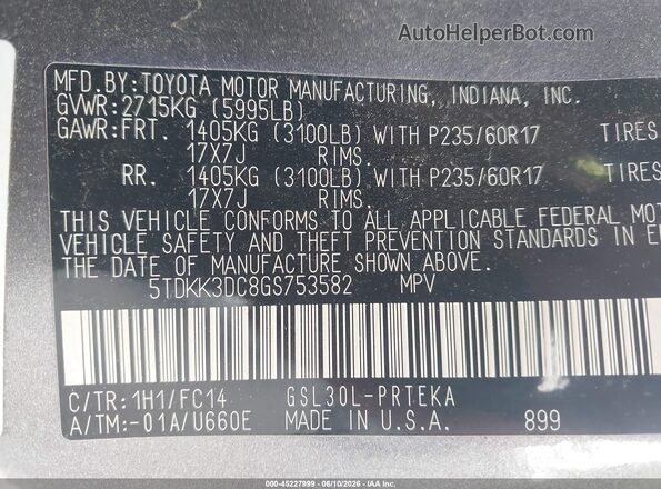 5TDKK3DC8GS753582 2016 TOYOTA SIENNA Gray Widok komory silnika
