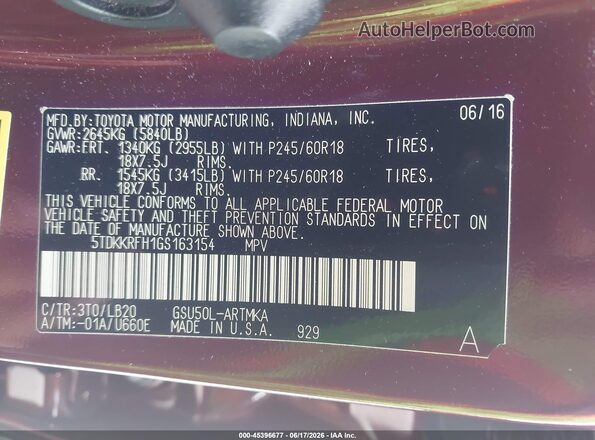 5TDKKRFH1GS163154 2016 TOYOTA HIGHLANDER Бордовый Вид подкапотного пространства
