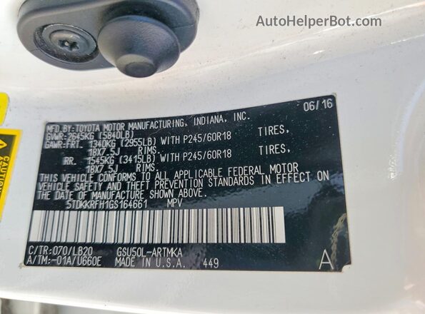 5TDKKRFH1GS164661 2016 TOYOTA HIGHLANDER White VIN კოდის სტიკერის ხედი