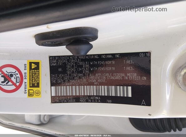 5TDKKRFH2GS175717 2016 TOYOTA HIGHLANDER White Widok komory silnika