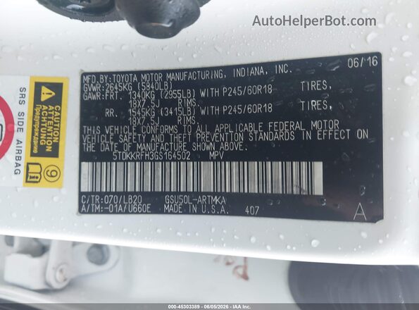 5TDKKRFH3GS164502 2016 TOYOTA HIGHLANDER White Շարժիչի բաժամունքի տեսք