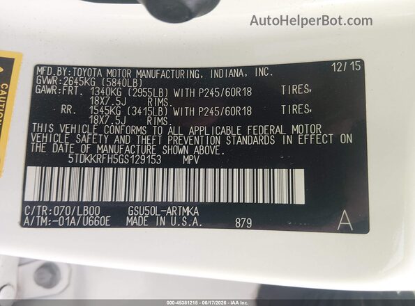 5TDKKRFH5GS129153 2016 TOYOTA HIGHLANDER White Widok komory silnika