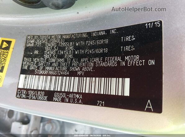 5TDKKRFH8GS124464 2016 TOYOTA HIGHLANDER Silver Вид підкапотного простору