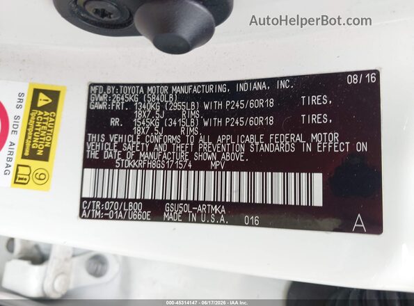 5TDKKRFH8GS171574 2016 TOYOTA HIGHLANDER White Շարժիչի բաժամունքի տեսք