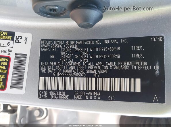 5TDKKRFH8GS505070 2016 TOYOTA HIGHLANDER Gray Շարժիչի բաժամունքի տեսք